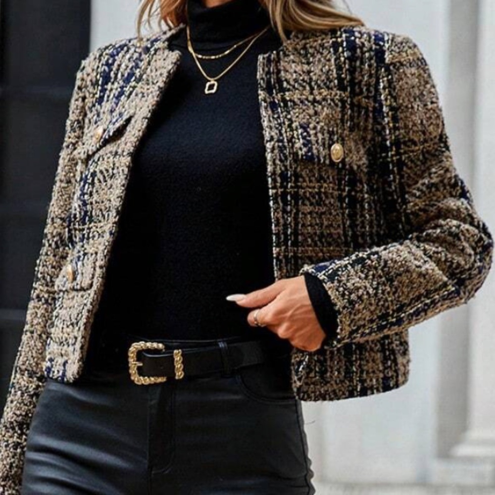 Classic Plaid Print Tweed Open Front Jacket Coat - Picture 5 of 9